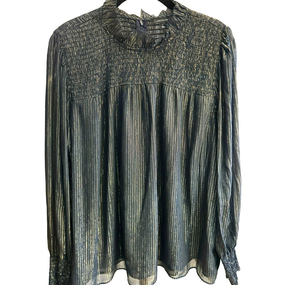 Ann Taylor Women's Plus Size Black Gold Silver Metallic Blouse Size XL Ruffled
